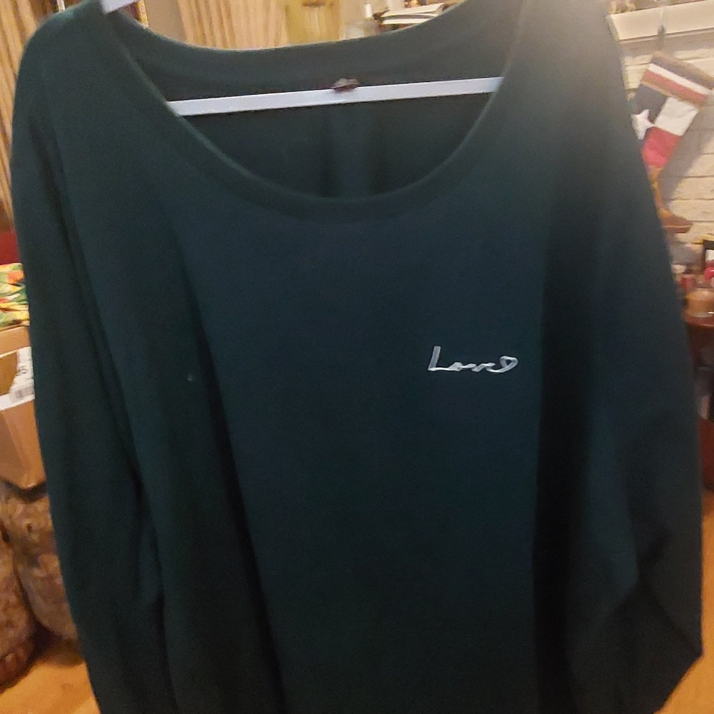 NWOT Ellos dressy sweatshirt.   Deep green with " Love" embossed on left side